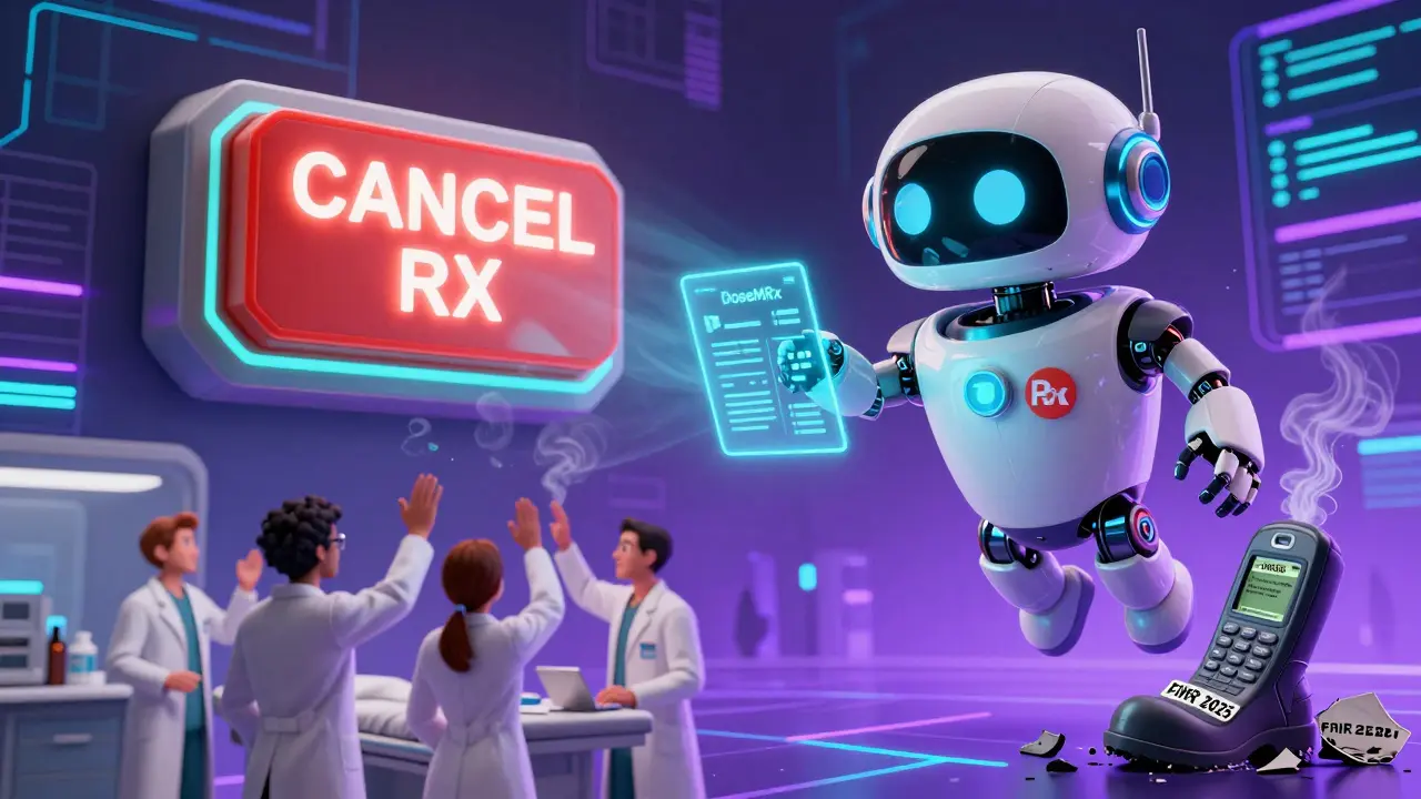 Futuristic AI robot fixing e-prescribing errors while a broken old phone lies crushed under a FHIR boot.