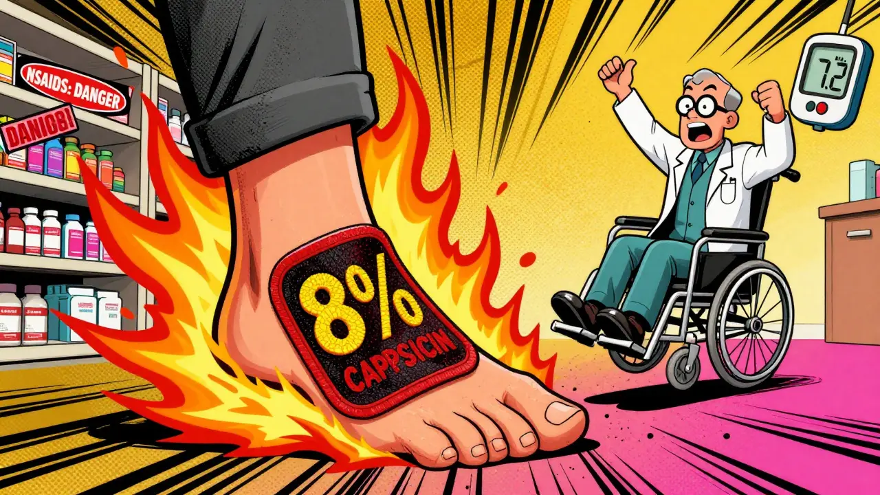 Giant capsaicin patch hitting foot, destroying pain demons with fiery energy in bold cartoon illustration.
