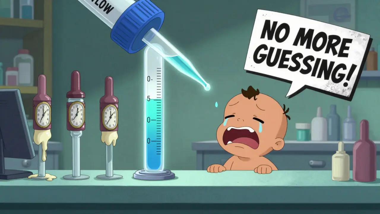 Giant dropper with color-changing tip measuring exact dose for a toddler, standard droppers melting.