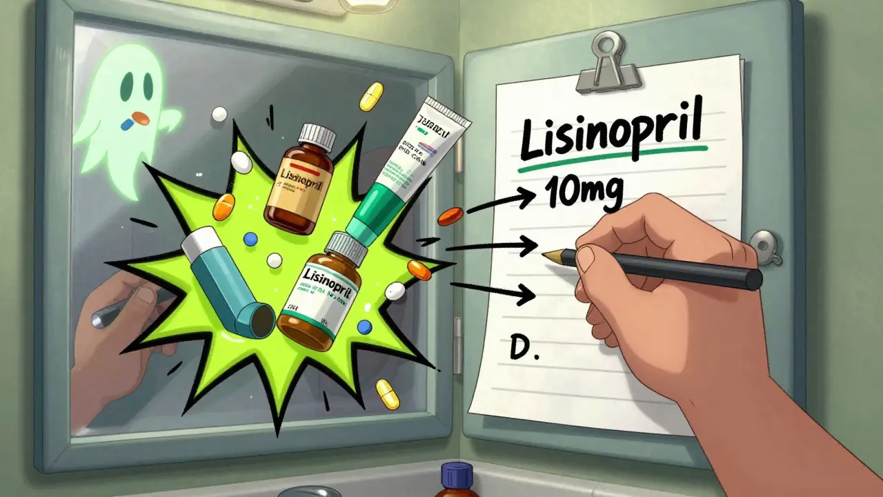 Medicine cabinet exploding with pills and vitamins, person writing list on mirror, cartoon style