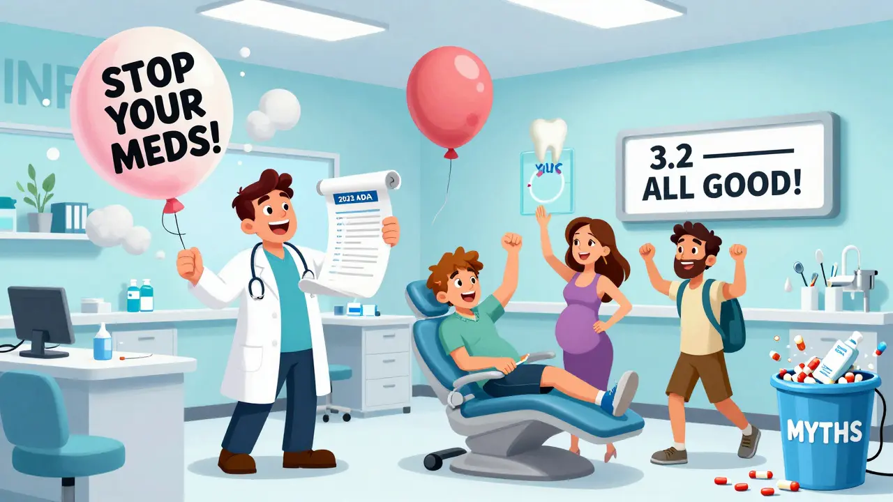 Myths about blood thinners bursting as ADA guidelines shine in a dental office.