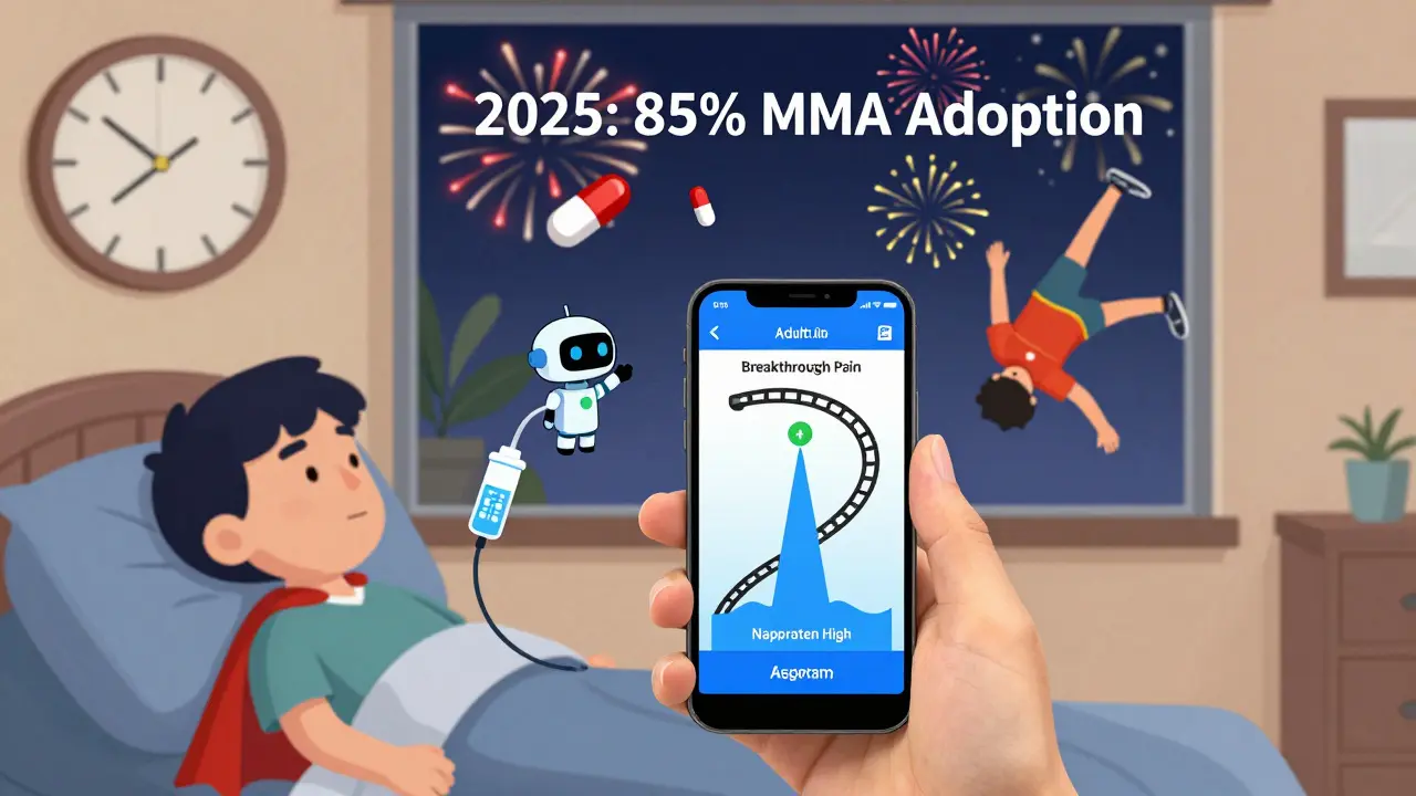 Patient at home using a pain app with floating icons of recovery tools and a futuristic date.