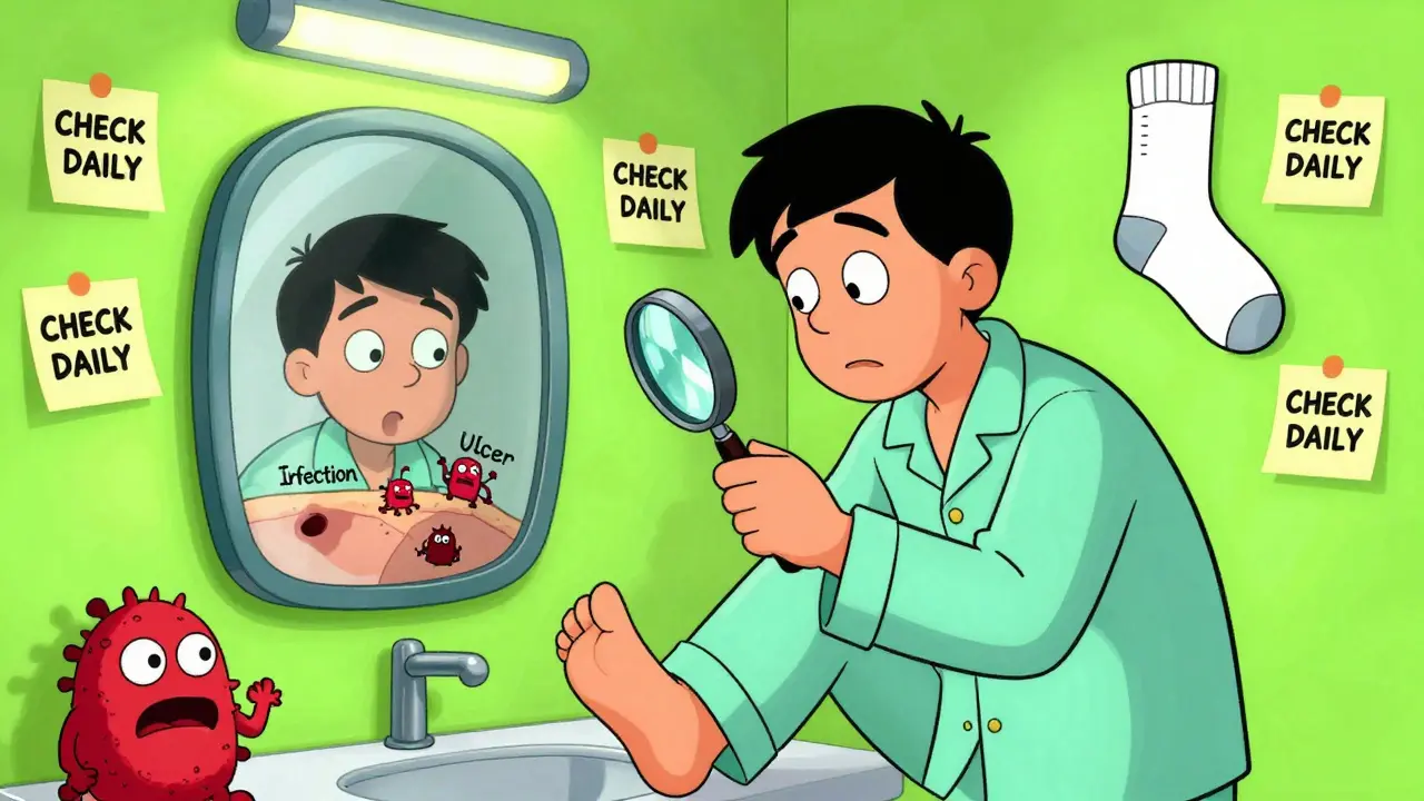 Person checking foot in mirror, revealing hidden blisters and infection monsters in dark cartoon style.