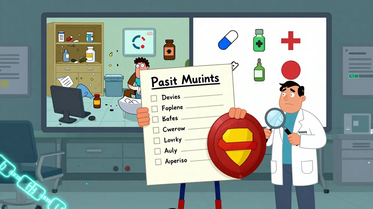 Person holding detailed medication list like a shield, doctor examining it, cartoon style