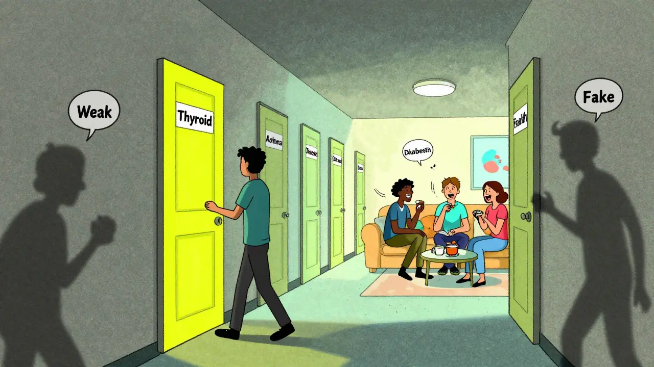 Person opening door labeled 'Brain Health' to find others calmly taking medication in a warm room.