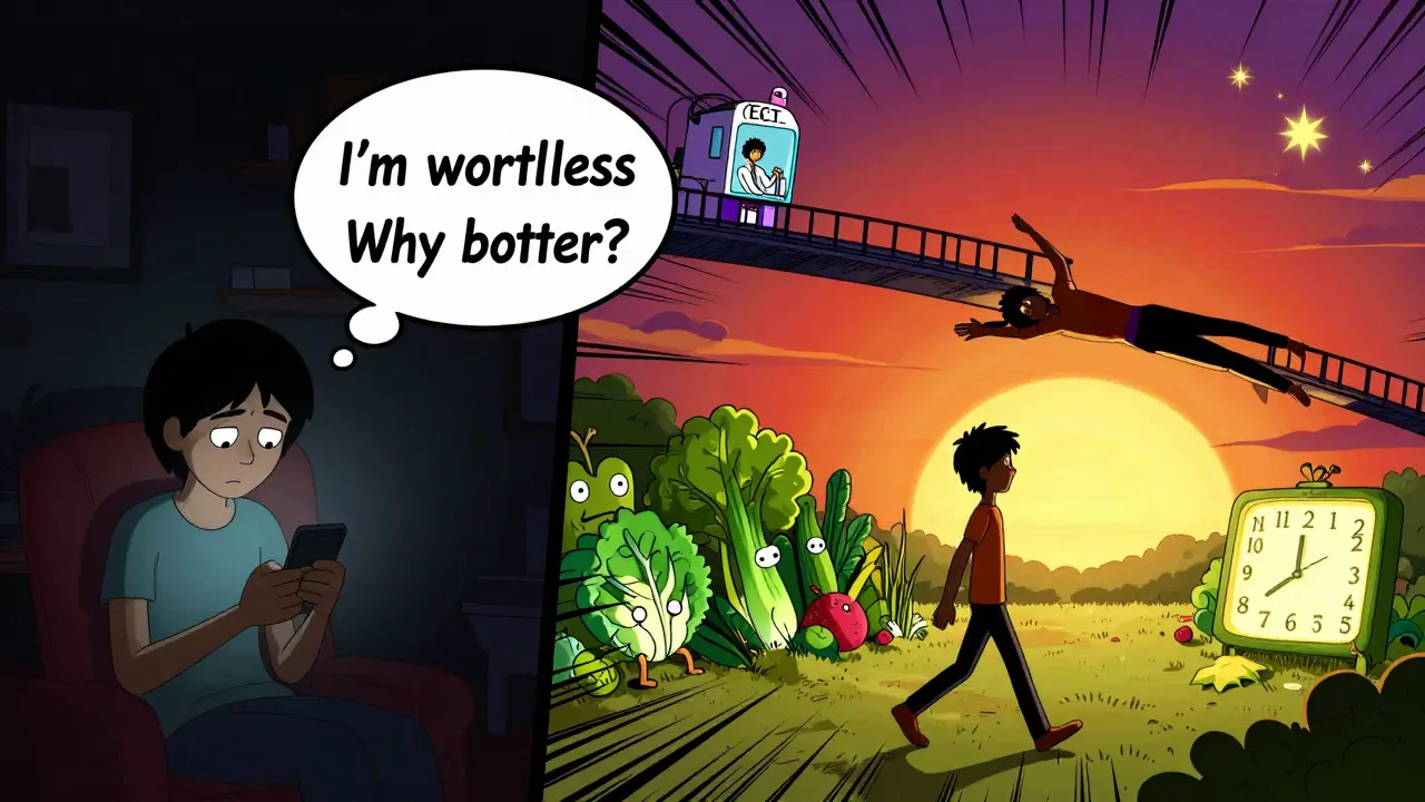 Split scene: person in dark room with negative thoughts vs. same person walking outside with healthy habits.