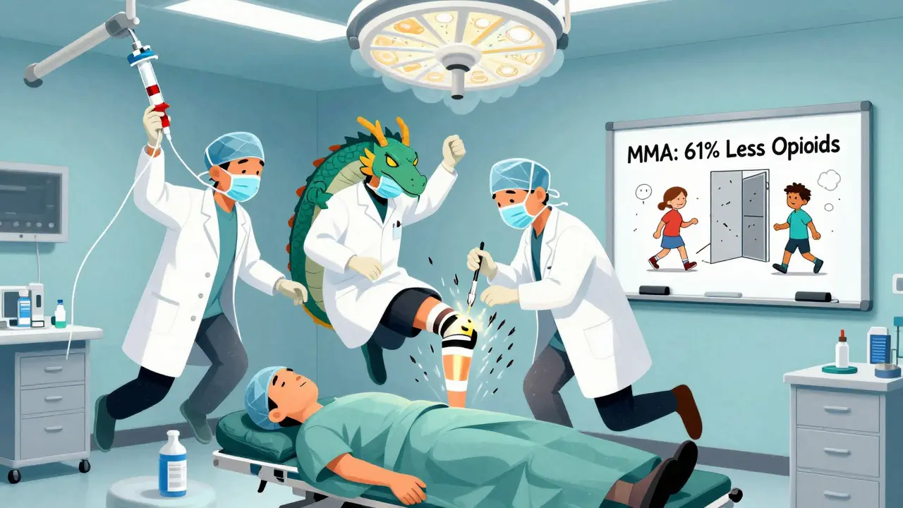 Surgeons using quirky non-opioid tools during a knee surgery in a vibrant operating room.