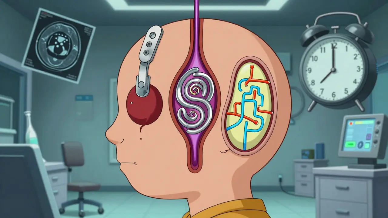 Three aneurysm treatments shown inside a split-open head with medical devices and a ticking clock.