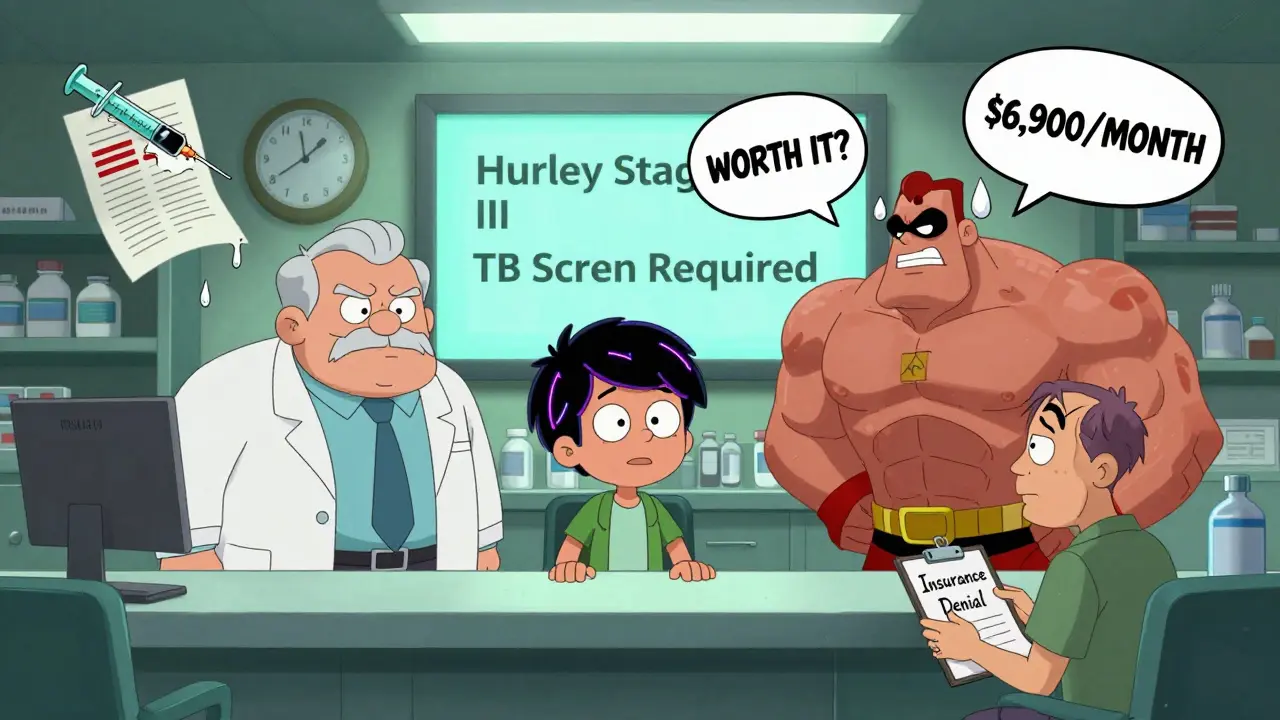 Three personified biologic drugs arguing at a pharmacy counter while a patient faces insurance denial.