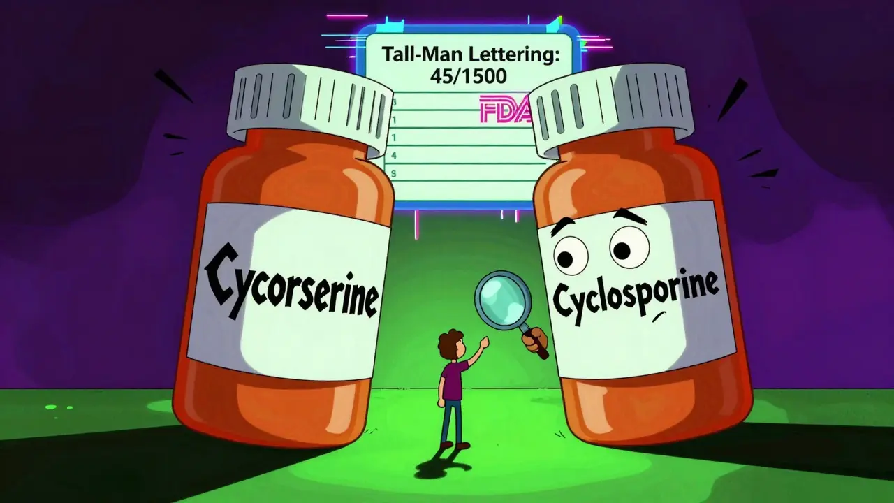 Two giant confusing drug bottles tower over a person, with a glowing checklist showing tall-man lettering is rare.