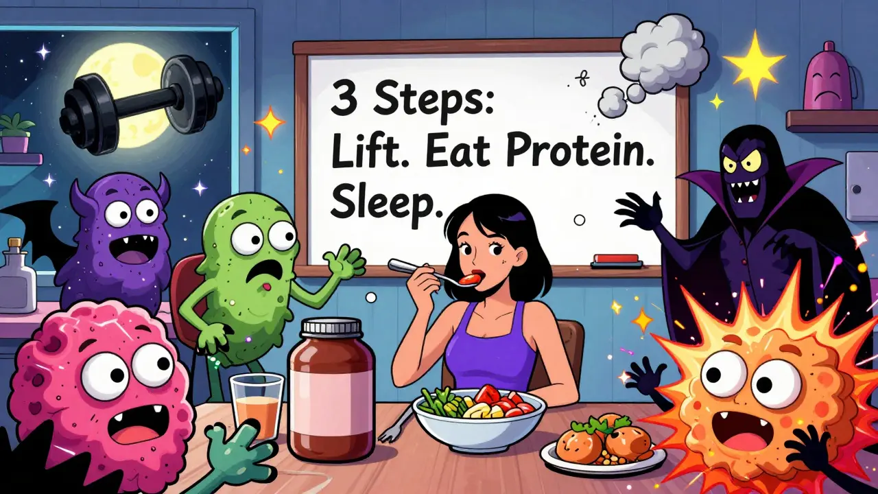 Woman eats protein meal as failed diets explode around her, giant whiteboard shows 3-step plan.