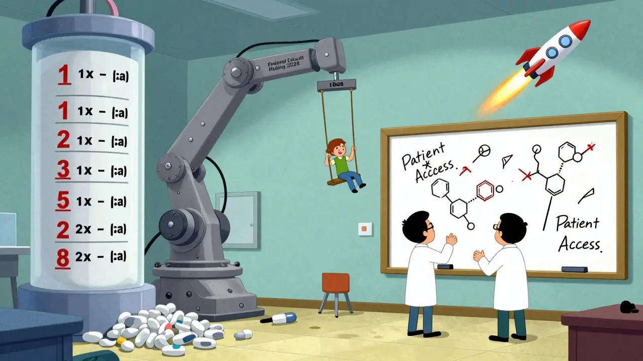 A chaotic factory where dosing schedules are being destroyed by machinery, while biosimilars launch into space.