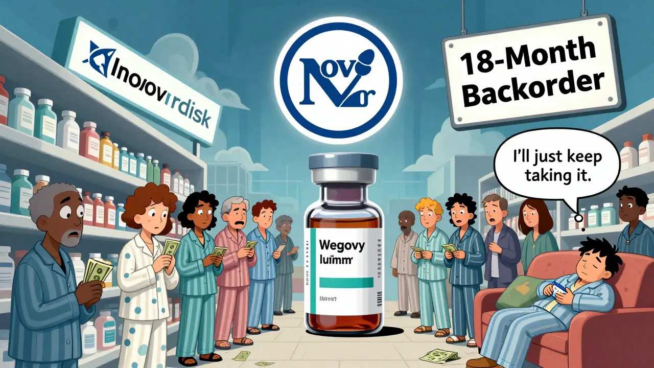 A crowded pharmacy with one GLP-1 vial left on the shelf, surrounded by desperate people and a giant corporate logo.