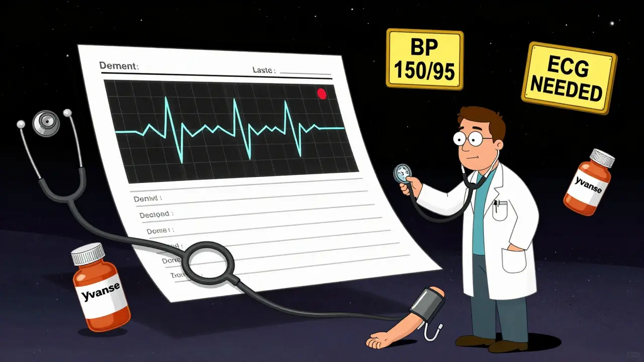 A medical chart with a heart monitor and pill bottle, a doctor checking blood pressure with a giant stethoscope.