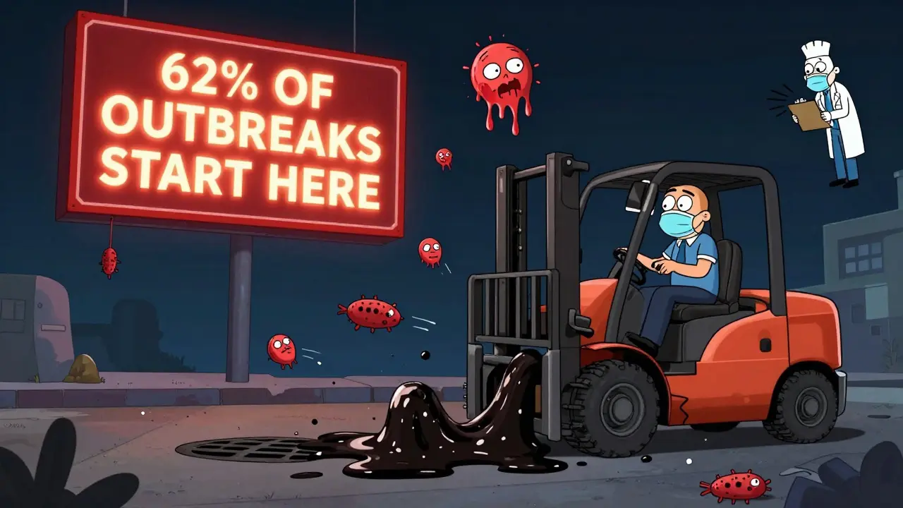 A monstrous drain pulls a forklift into its sludge while airborne microbes ride sneezes, with warning signs floating above.