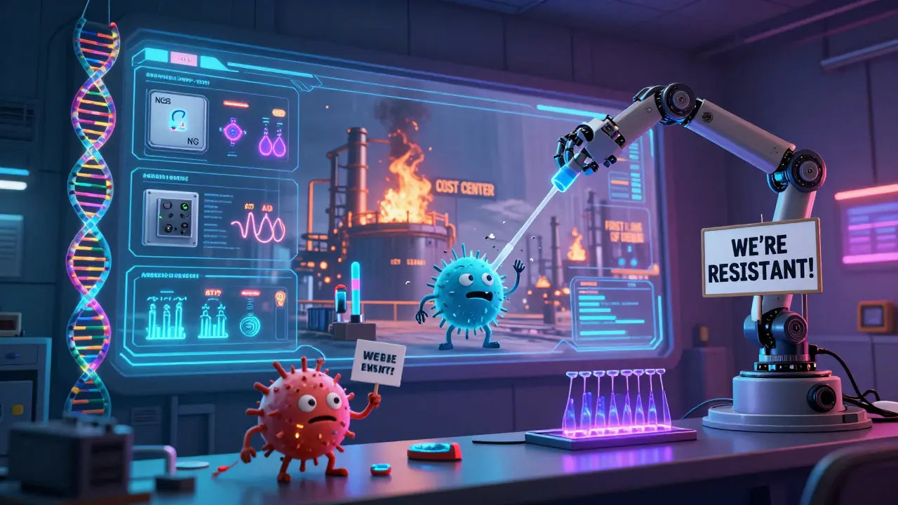 A neon AI dashboard displays DNA strands and resistant bacteria as a robotic swab arm crushes an FDA inspection sign.