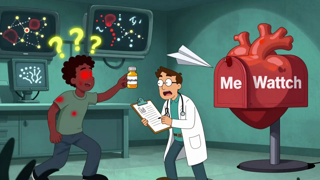 A patient with glowing rashes points at a pill while a doctor sends a report as a paper airplane toward a heart-shaped mailbox.