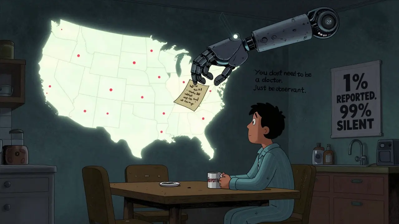 A person at home submits a handwritten report as a giant robotic arm collects it, while a U.S. map glows with unreported symptoms.