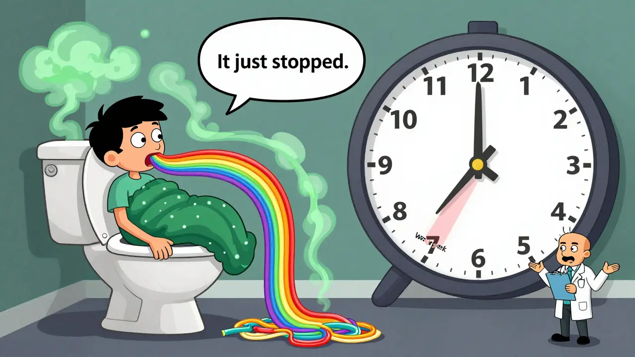 A person experiencing nausea side effects with a clock showing weeks passing, nausea fading over time.