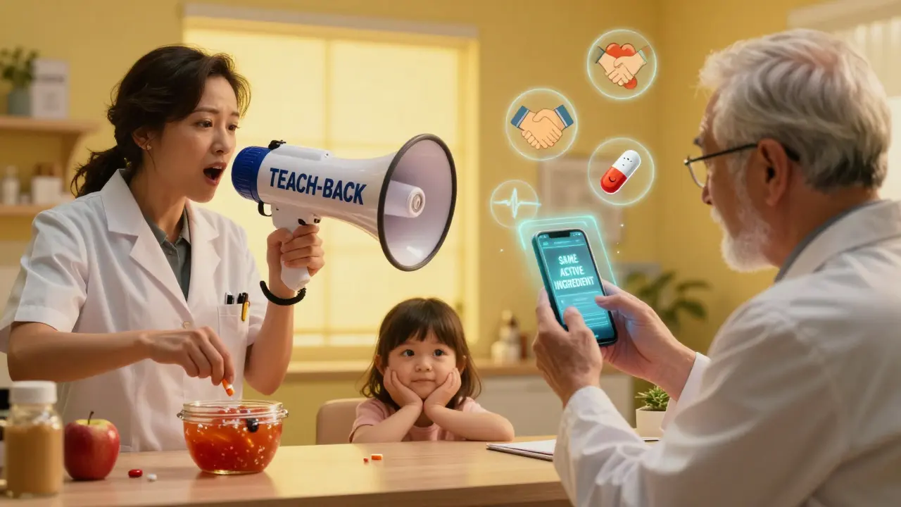 A pharmacist using a megaphone to explain generics, with visual aids showing parent and senior successfully understanding medication changes.