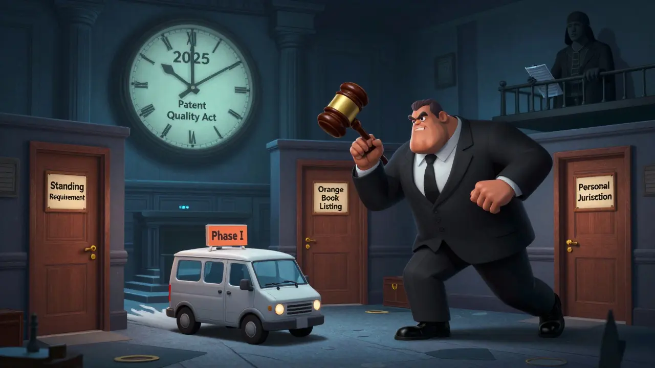 A tiny generic company van fleeing through a legal maze of patent barriers, chased by a gavel-headed lawyer.