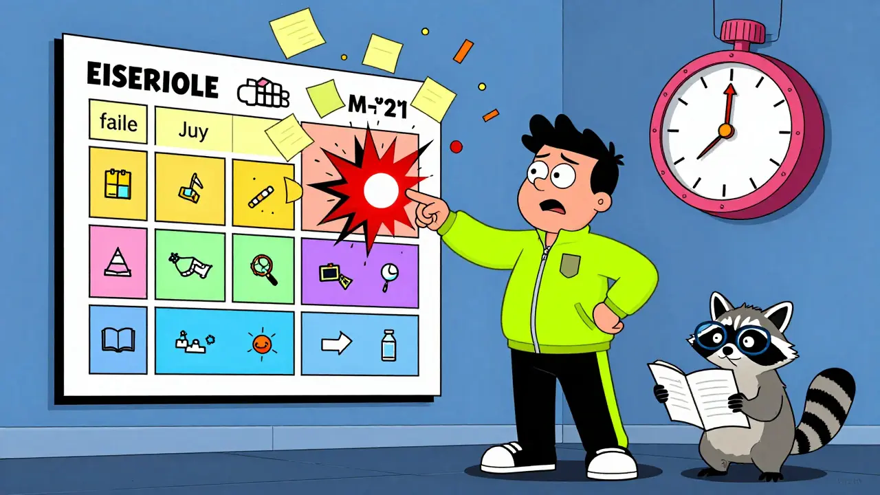 An ADHD coach using a giant task matrix with sticky notes and a raccoon holding a planner.