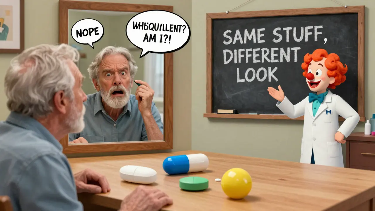 An elderly man surrounded by differently shaped pills, staring in confusion as his panicked reflection yells at him.