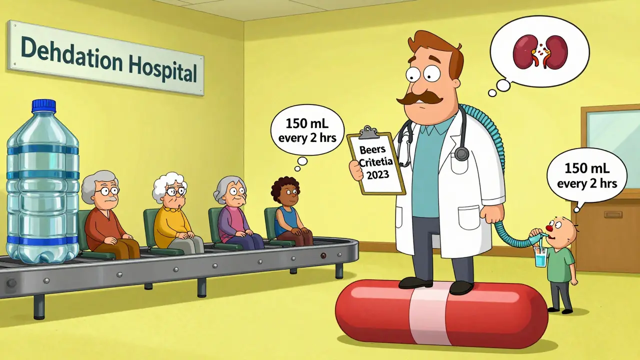 Doctor standing on a pill with elderly patients going into a hospital made of water bottles.