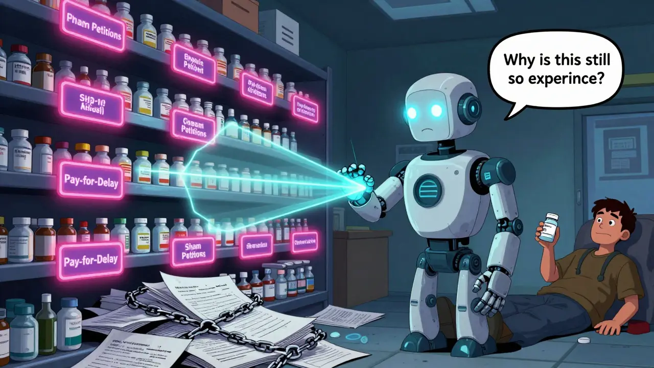 Dystopian pharmacy shelf with chained generics under legal papers, a Chinese AI robot zapping price-fixing algorithms.