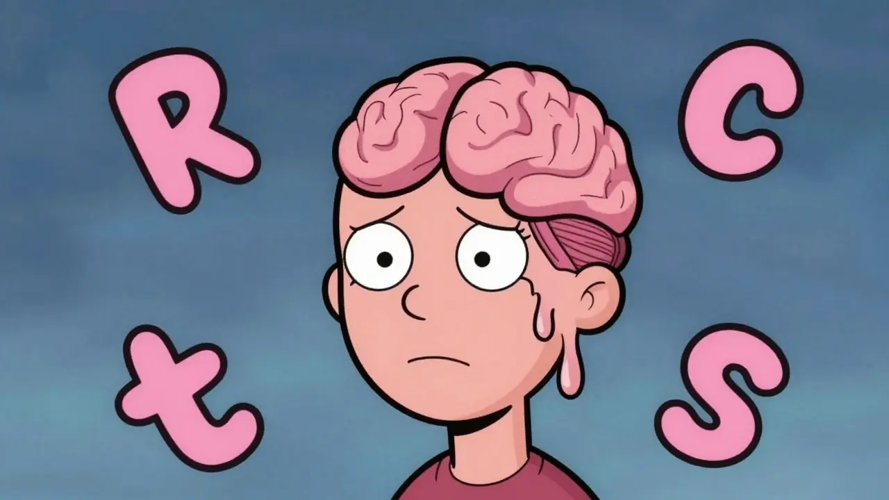 Melting face and frontal lobe gap in brain, abstract language symbols floating around.