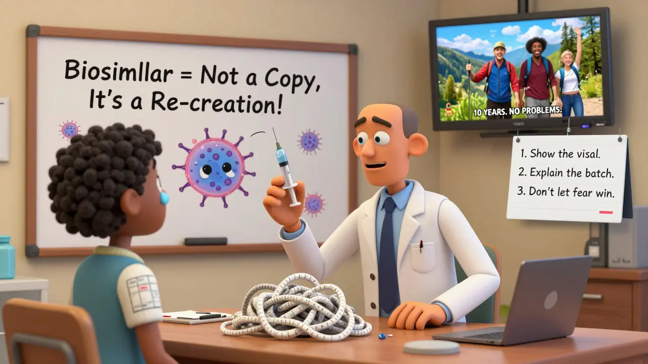 Pharmacist calmly explaining a biosimilar to an anxious patient, with educational doodles and a TV showing real-world success.