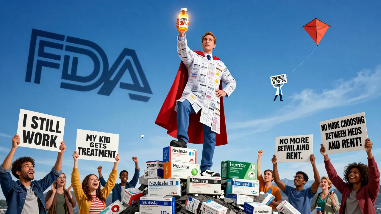Pharmacist superhero crushing expensive biologics while lifting a biosimilar vial, patients cheering below as cost savings soar.