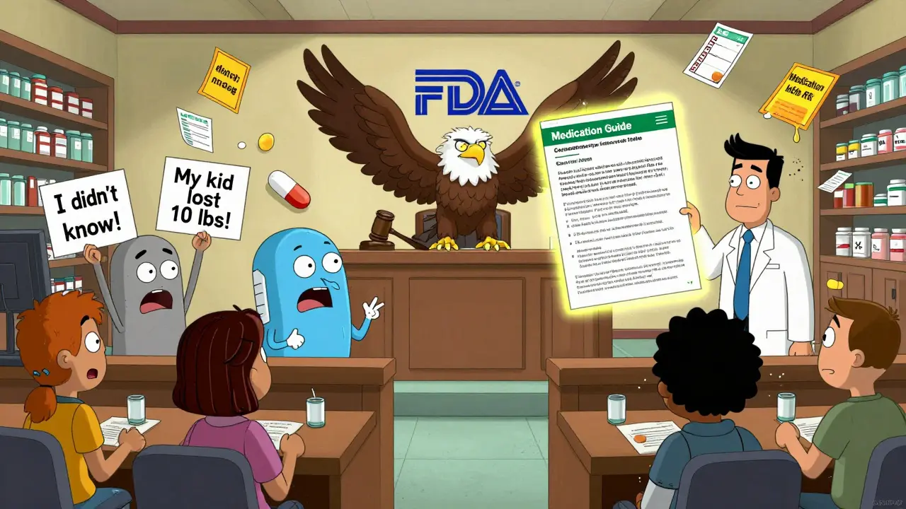 Pills on trial in a courtroom judged by an FDA eagle, with anxious patients holding warning signs.