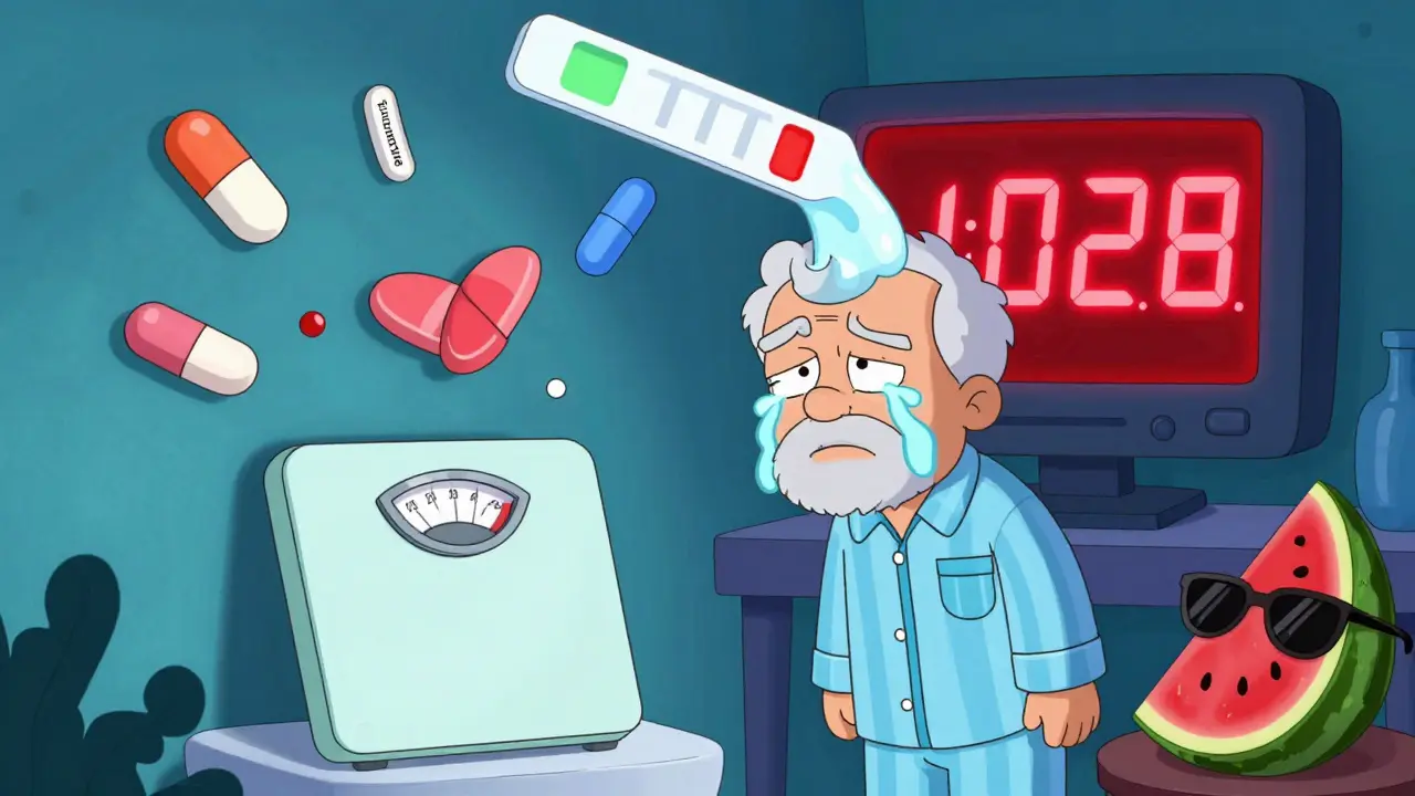 Senior examining a glowing urine test strip while floating pills argue around him.