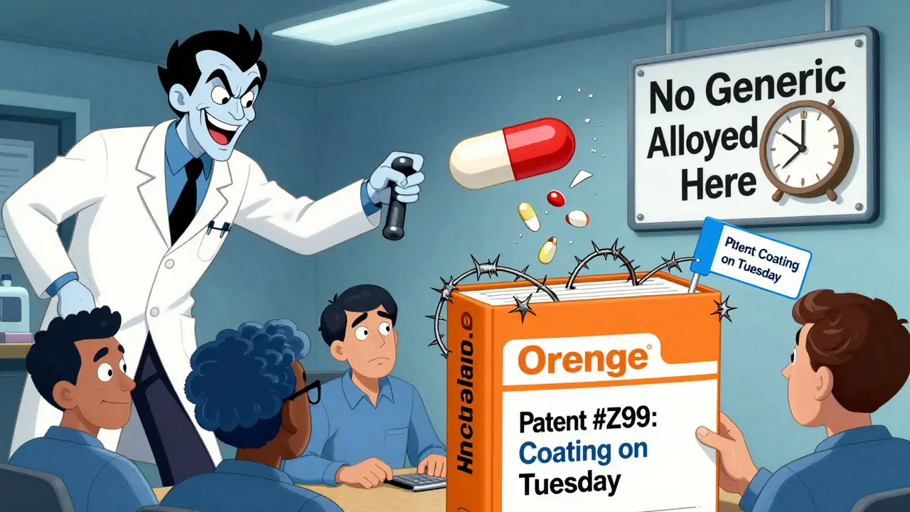 Surreal cartoon of a branded pill turning into a capsule while generics stare at fake patents in a giant Orange Book.