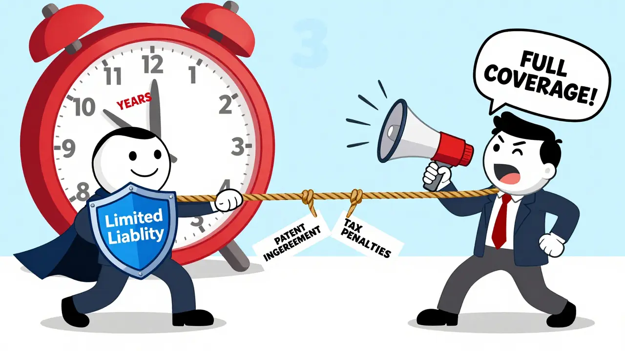 Surreal scene of a businessperson facing a vortex of financial ruin while legal safeguards glow above.