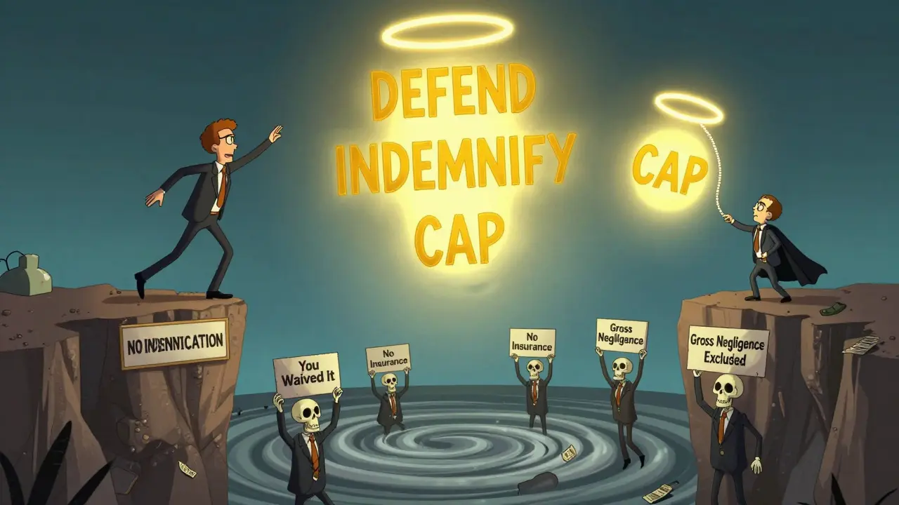 Two cartoon characters arguing over contract clauses labeled 'Indemnify', 'Defend', and 'Hold Harmless'.