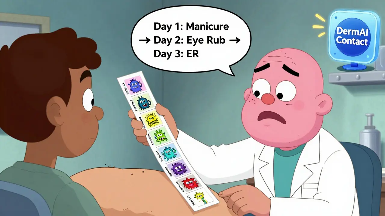 A dermatologist applying a patch test with cartoon allergen monsters on a patient's back, face swollen comically.