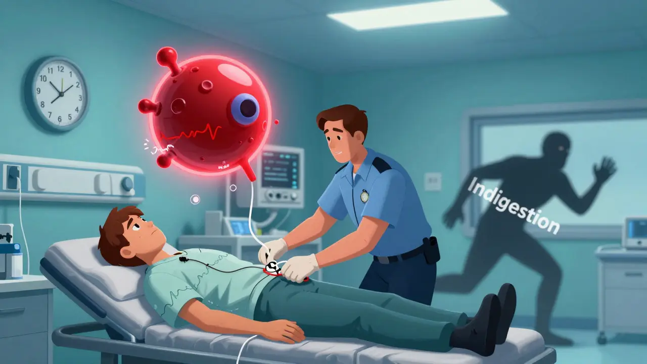 A paramedic attaches ECG leads to a patient while a glowing troponin molecule hovers above in a hospital ER.