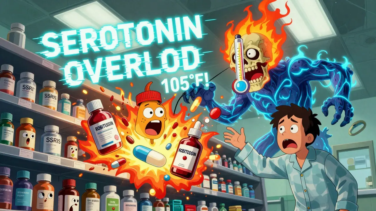 A patient reaching for cough syrup as a serotonin monster rises with glowing veins and fever thermometer head