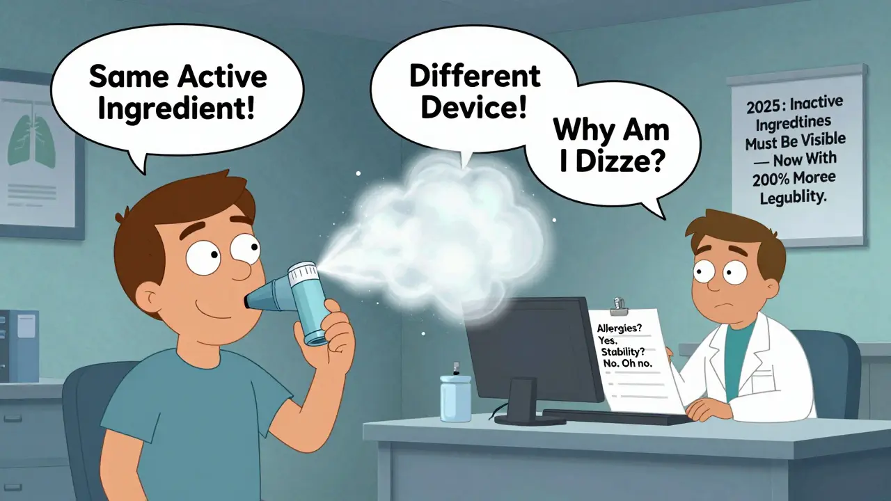 A patient using a faulty generic inhaler while the brand version works perfectly, with cartoonish text bubbles about formulation differences.