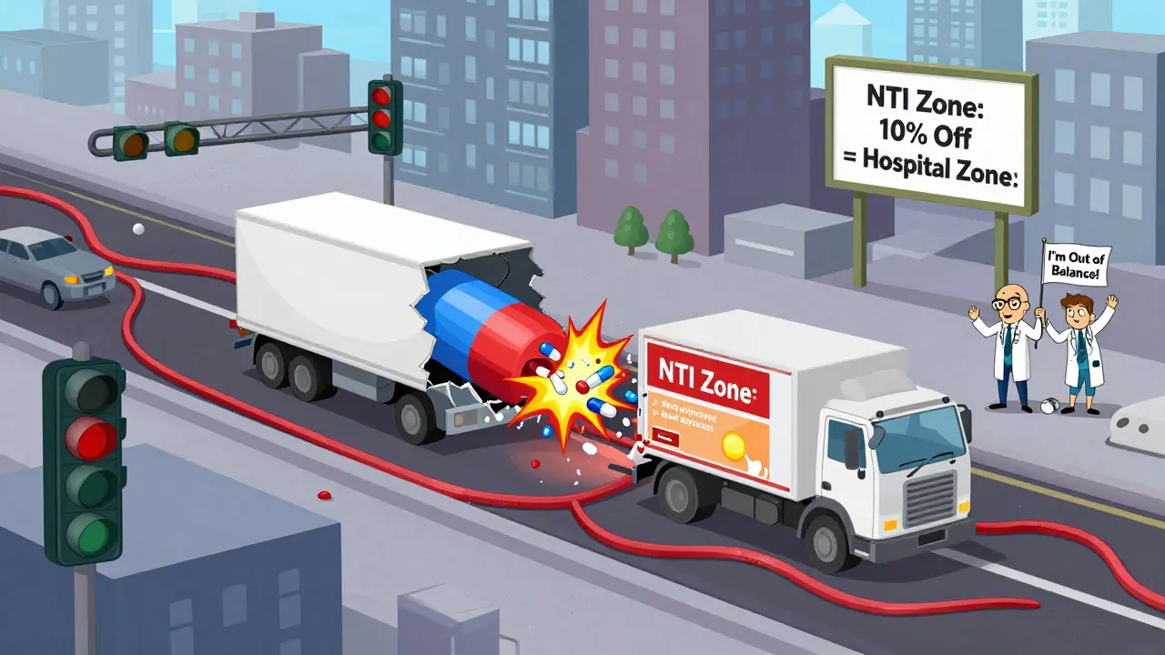 A person's body as a city where a generic tablet causes chaotic drug release, while a brand version delivers smoothly.