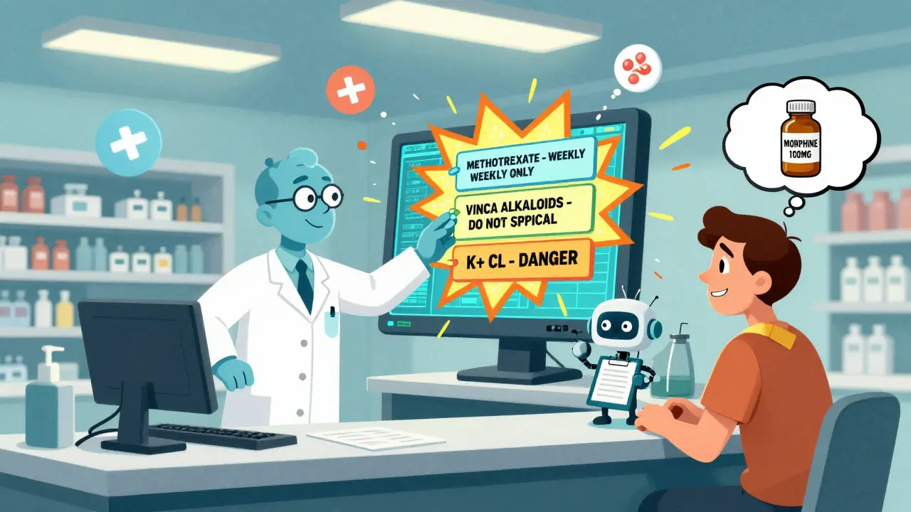A pharmacist faces exploding EHR safety alerts while a patient holds a dangerously high morphine dose, all in surreal cartoon style.