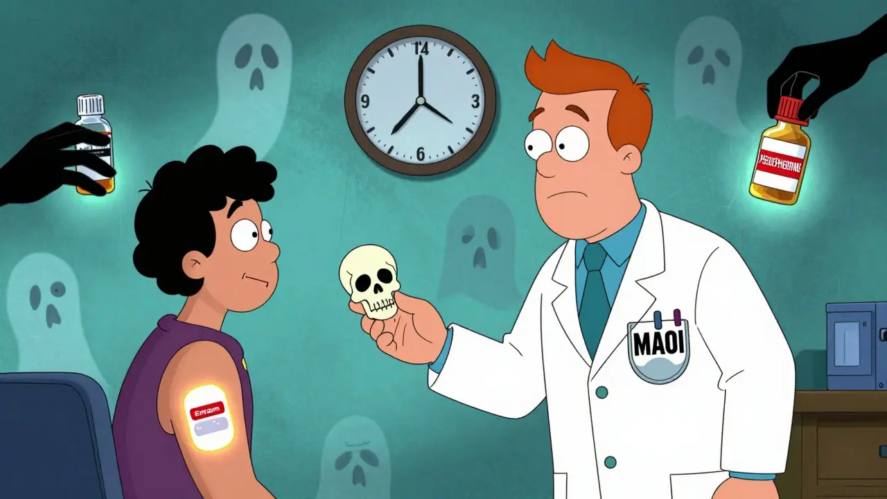 A psychiatrist gives a skull-shaped warning card to a patient wearing an Emsam patch, with ghostly figures in background