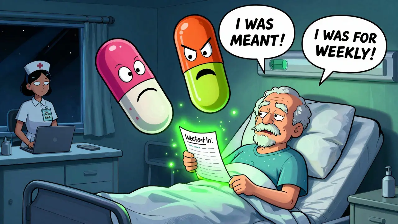 An elderly patient holds a glowing medication list as menacing pills float above them, while a sleeping nurse ignores the system.