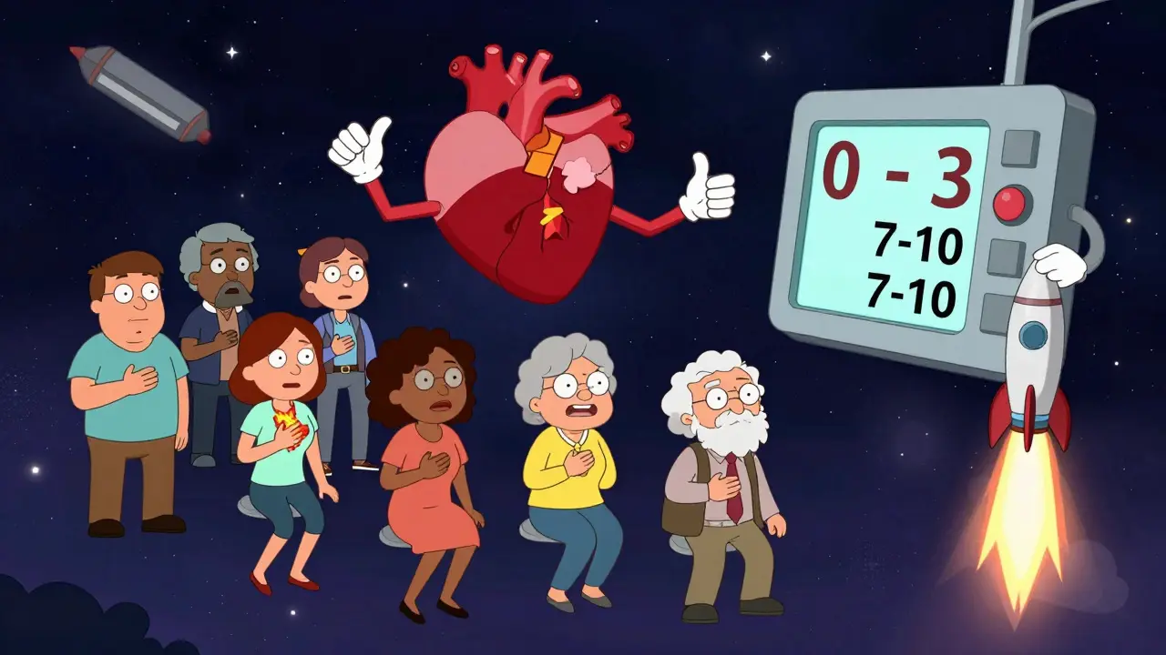 Diverse people with chest pain symptoms float in a cosmic ER, judged by a giant HEART score calculator.