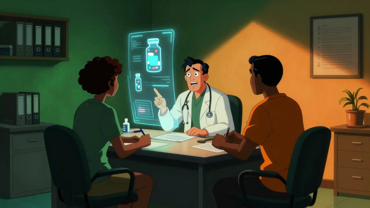 Doctor and patient viewing holographic medicine icons in office.