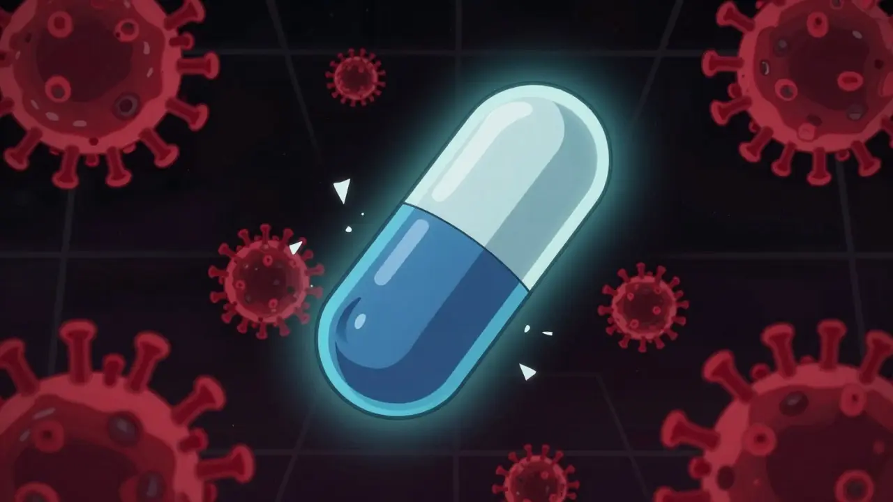 Glowing pill destroying red virus particles in void