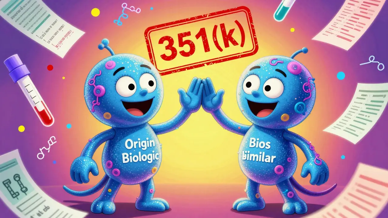 Identical twin proteins with unique features, labeled Origin Biologic and Biosimilar, high-fiving