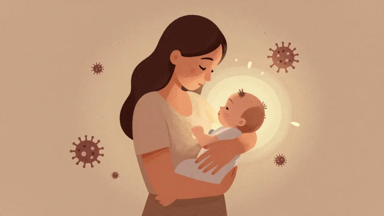 Mother and baby protected by energy field from germs.